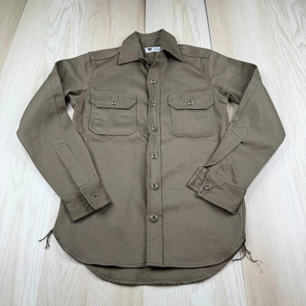 Tellason Mens Olive Drab Flap Pockets Long Sleeve Button Up Work Shirt Size M